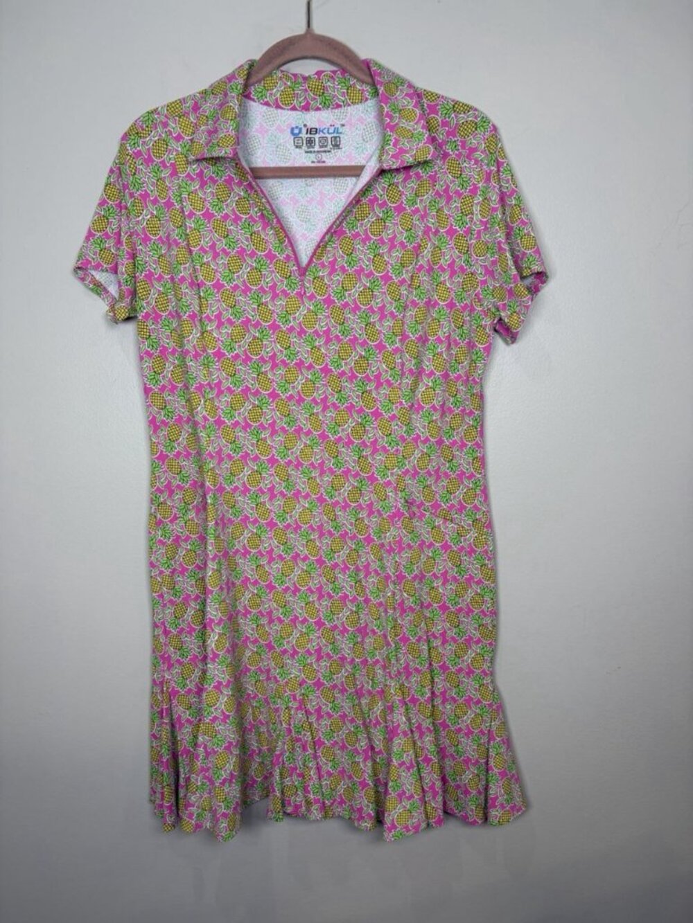 IBKUL Godet Short Sleeve Dress Size Large Pineapple UPF 50 Cooling Active